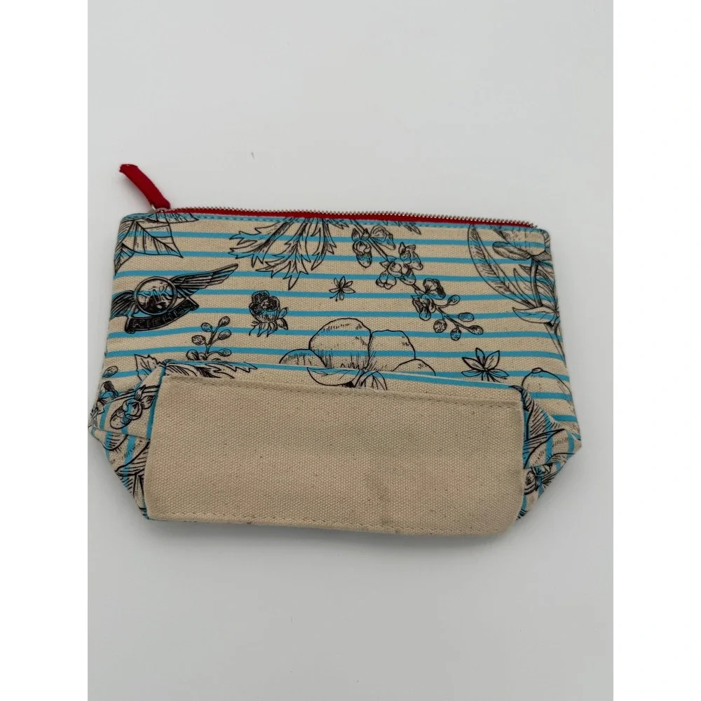 Kiehls Since 1851 Canvas Makeup Bag Blue Striped Floral Cosmetic Pouch Red Liner